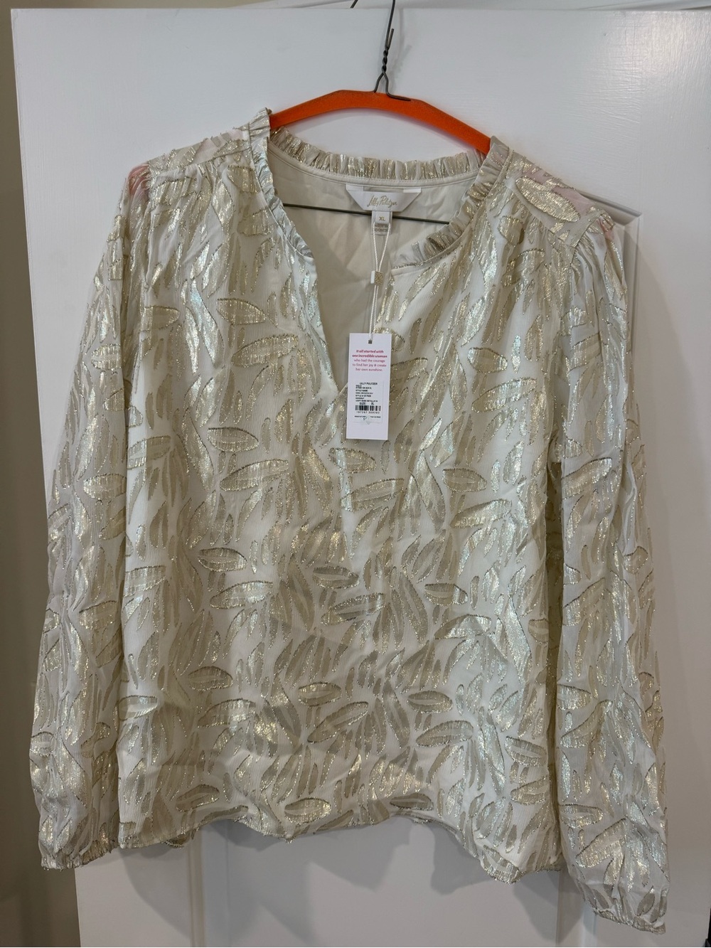 New Lilly Pulitzer Metallic Leaf-Pattern Womens Blouse - Cream